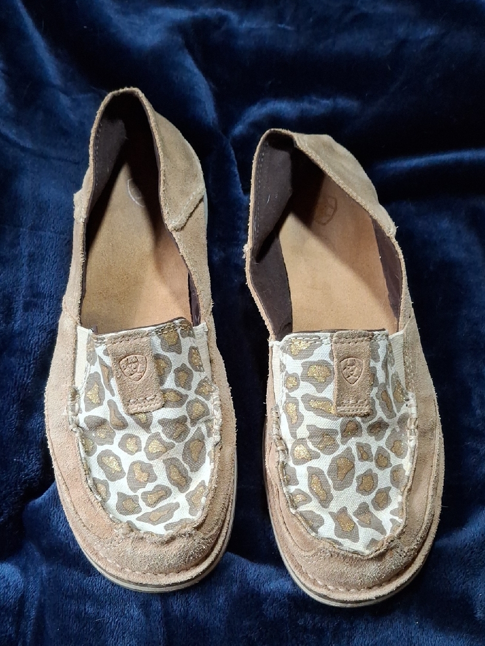 Ariat Tan Suede Slip-On Moccasins with Leopard Print